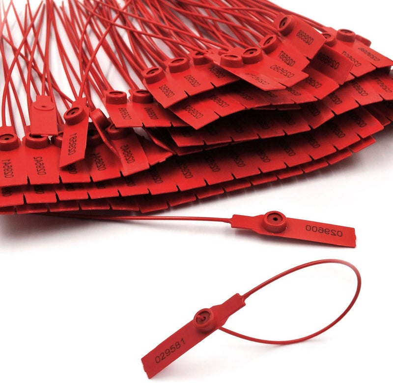 FlixGrdy (500pcs) 11 inch Plastic Numbered Security Seal Pull Tight Padlock Safety Tag Tamper Proof Tie Disposable Self-Locking Seals, Red - Image 1